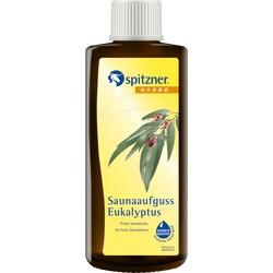 Braune Flasche mit Eukalyptus-Saunaaufguss und einem Blattmotiv auf gelbem Etikett.