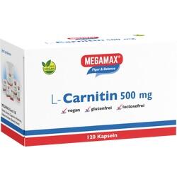 Weiße Packung mit L-Carnitin-Kapseln von Megamax, vegan, glutenfrei, laktosefrei.